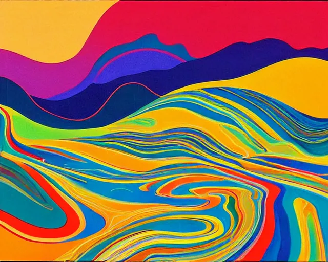 Image similar to A wild, insane, modernist landscape painting. Wild energy patterns rippling in all directions. Curves, organic, zig-zags. Saturated color. Mountains. Clouds. Rushing water. Waves. Psychedelic dream world. Wayne Thiebaud. Lisa Yuskavage landscape.