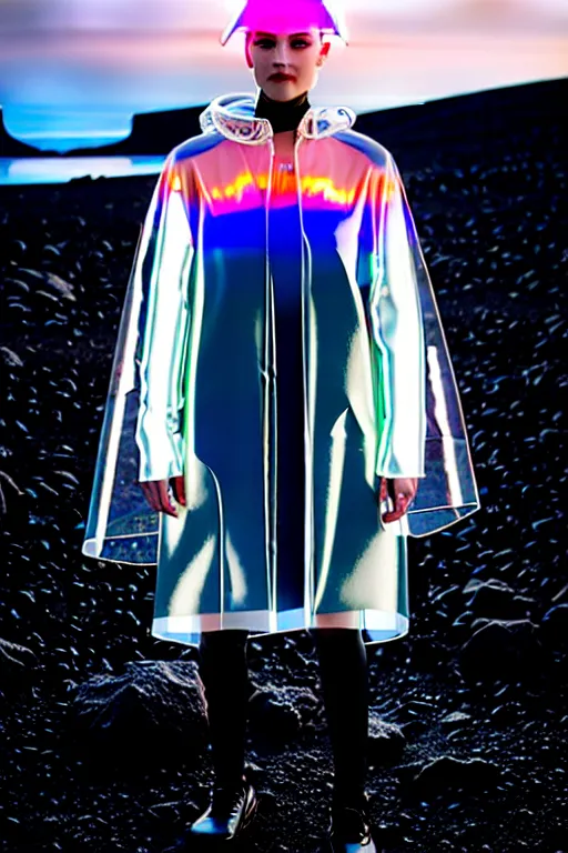 Image similar to an ultra high definition professional high fashion portrait studio full length photograph of a model wearing a transparent pearlescent raincoat and neon visor in an icelandic black rock environment at dawn. no artefacts. extremely detailed. stark. refraction. shallow depth of field. volumetric light and shadow. ray tracing. light rays.