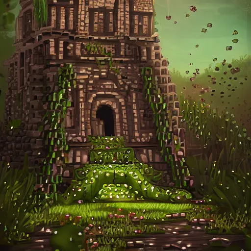 Image similar to ruined tower covered in creepers, beautiful, intricate, detailed, digital art