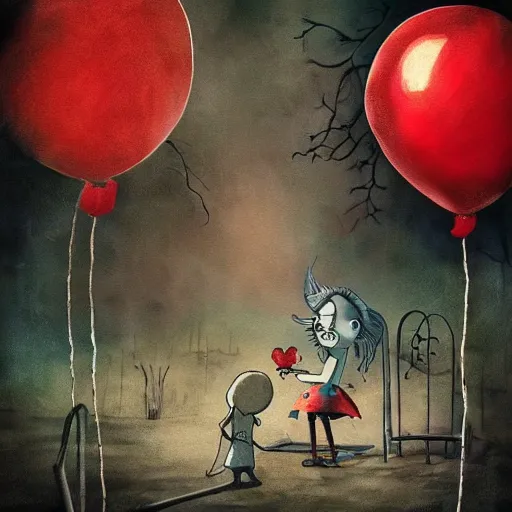 Prompt: grunge painting of a playground with a wide smile and a red balloon by tim burton, loony toons style, pennywise style, corpse bride style, rick and morty style, creepy lighting, horror theme, detailed, elegant, intricate, conceptual