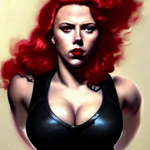 Prompt: greg manchess portrait of scarlett johansson as thick very muscular gothic weightlifter with red hair and black lipstick, fantasy medium shot, asymmetrical, profile picture, organic painting, sunny day, matte painting, bold shapes, hard edges, street art, trending on artstation, by huang guangjian and gil elvgren and sachin teng