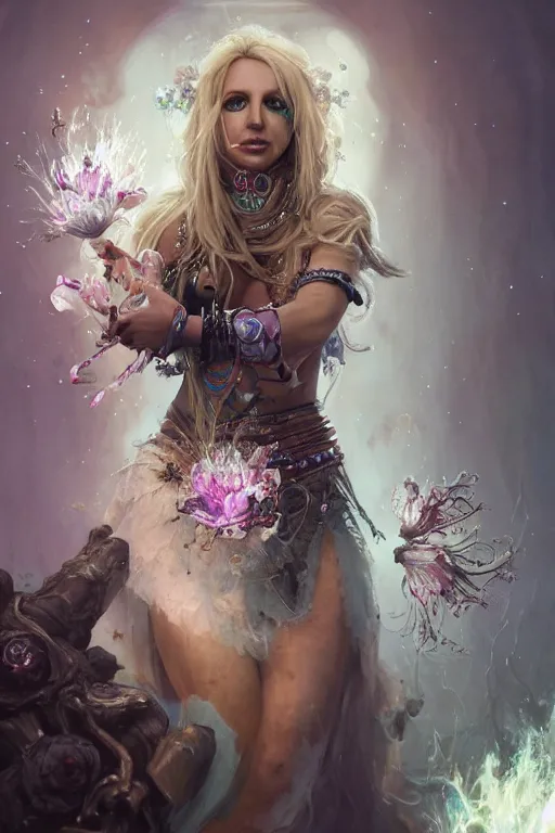 Prompt: britney face closeup of beautiful girl necromancer, witch - doctor covered with crystals exploding into ice, 3 d render, hyper realistic detailed portrait, holding magic flowers, ruan jia, wlop. scifi, fantasy, hyper detailed, octane render, concept art, peter mohrbacher