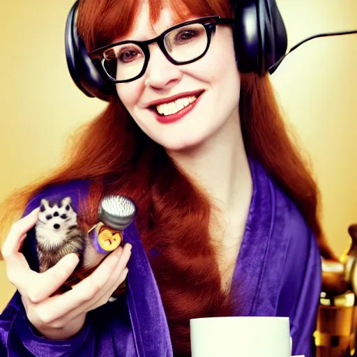 Image similar to a stunning hyper-detailed closeup portrait photo of a beautiful smiling bespectacled woman with long auburn hair and bangs, wearing a luxurious robe, wearing steampunk headphones and posing with her raccoons and parrots in an overstuffed easy chair in her sunlit living room, holding a coffee cup and a donut and smoking an elaborate hookah, perfect eyes, octane render, unreal engine, 85 mm lens,