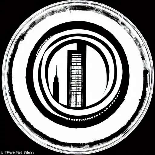 Image similar to a perfect circle where the inside is empty blank space and around the outer edge of the circle is the silhouette of a city skyline, black and white, minimalist, in the style of a charcoal drawing, made by david mellen