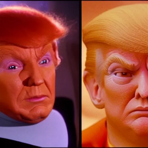 Prompt: cinematic dramatic portrait of a ferengi from star trek. It has orange skin color and Donald trump's hair style.