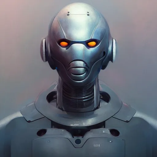 Image similar to character concept art portrait of a robotic suit, depth of field background, artstation, award - winning realistic sci - fi concept art by jim burns and greg rutkowski, beksinski, a concept art masterpiece, monotone color palette, james gilleard, bruegel, alphonse mucha, and yoshitaka amano.