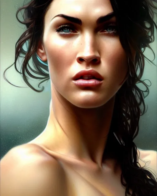 Image similar to portrait of megan fox crying, tears, weeping, intricate, headshot, highly detailed, digital painting, artstation, concept art, sharp focus, cinematic lighting, illustration, art by artgerm and greg rutkowski, alphonse mucha, cgsociety