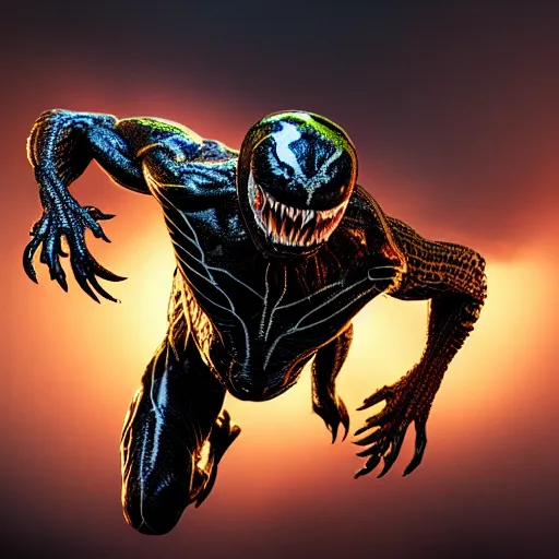 Image similar to full body pose, hyperrealistic photograph of venom, dim volumetric lighting, 8 k, octane beautifully detailed render, extremely hyper detailed, intricate, epic composition, cinematic lighting, masterpiece, trending on artstation, very very detailed, stunning, hdr, smooth, sharp focus, high resolution, award, winning photo, dslr, 5 0 mm