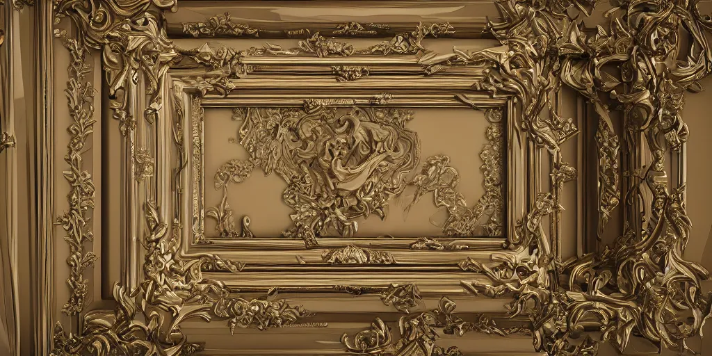 Image similar to 3 d octane render ultra photorealistic hyper detailed top view of a baroque picture frame