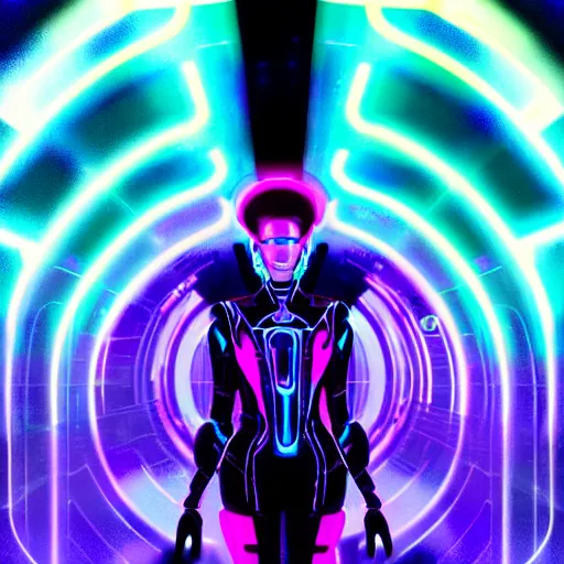 Image similar to Tron inspired character in the middle of the night in an abandoned space station, purple, sleek futuristic cityscape, blue, blacklight effects, neon lights, shimmery, glamorous, illuminated, glitch, vector drawing, illustration, art by Krenz Cushart and Artem Demura and alphonse mucha