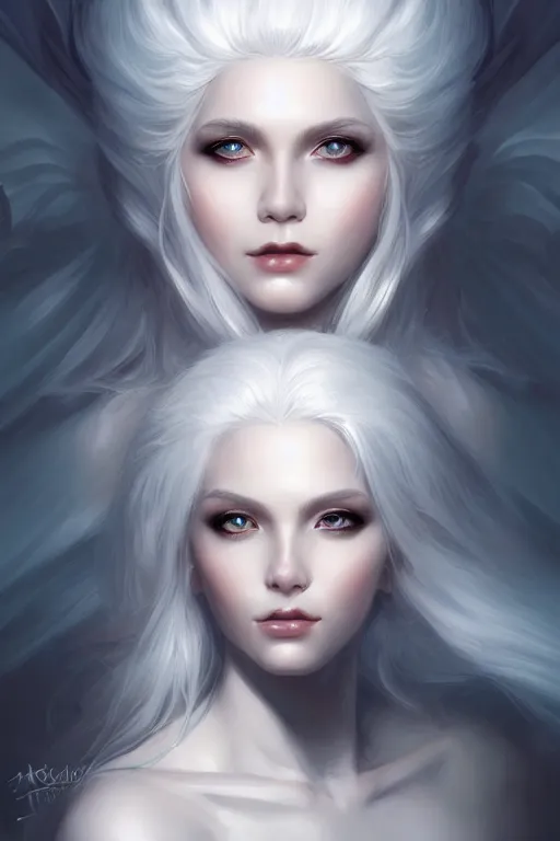 Image similar to a beautiful white haired goddess girl, fantasy, portrait, sharp focus, intricate, elegant, digital painting, artgerm, matte, highly detailed, concept art, illustration, ambient lighting