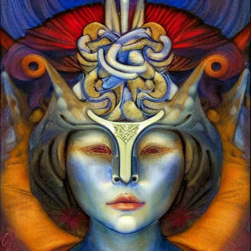 Prompt: masterpiece painting of a facemask made of stylized flowers, by annie swynnerton and jean delville and tino rodriguez, flower mask, art deco shaman, symbolist, dramatic lighting, god rays, elaborate geometric ornament, clean crisp graphics, soft cool colors, smooth, sharp focus, extremely detailed