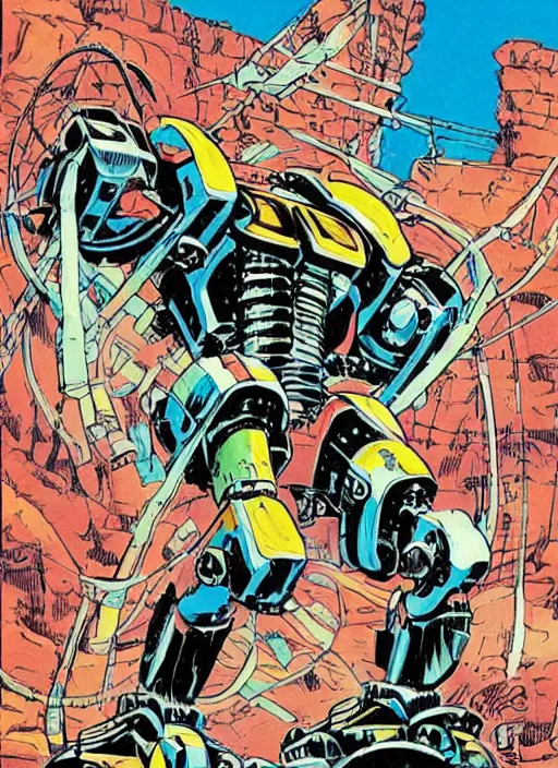 Image similar to comic book drawing of a giant mechanical robot crab at the grand canyon by jack kirby!!! and simon bisley, epic, awesome trendy color palette, black ink outlines