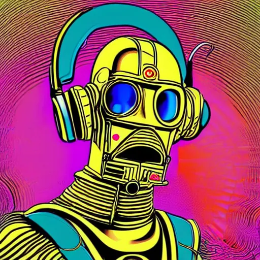 Prompt: artgerm, psychedelic laughing c 3 p 0, rocking out, headphones dj rave, digital artwork, r. crumb, svg vector