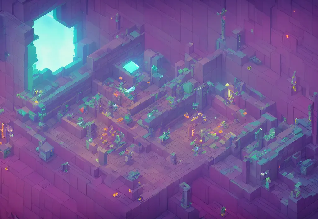 Image similar to isometric magicavoxel bloodborne no mans sky large room, highly detailed, vaporwave, cinematic lighting, 4 k