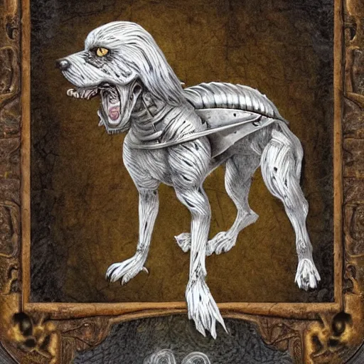 Image similar to three - ply portrait death dog dark souls in armor made of polished dragon bones looks relaxed, quantum physics, victorian era