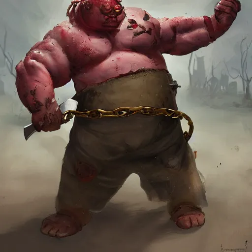 Image similar to a fat fleshy abomination butcher holding a cleaver and a hook hand, multiple arms, chained hook, cleaver knife, meats on the ground, in the style of greg rutkowski, fantasy rpg, league of legends