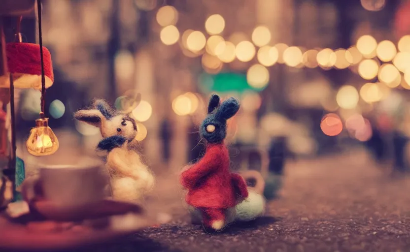 Image similar to miniature cafe diorama, macro photography, cafe with felted bunnies on a date, alleyway, ambient, atmospheric, british, cozy, bokeh, romantic, colorful lanterns