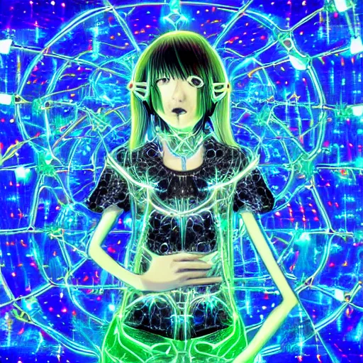 Image similar to anime dj girl electronic circuitry, with fireflies reflections hall of mirrors kaleidoscope bioluminescent vines and flowers, glitter, fractals, by scott uminga and chris dyer and alex grey street art, trending on artstation, dramatic lighting, octane render, weta digital, trending on deviant art, deepdream, ray trace