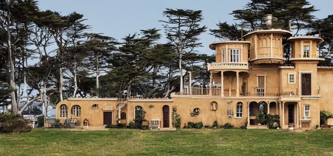 Image similar to exterior of house designed by wes anderson. monterey, ca. 2 0 2 2. 8 k.