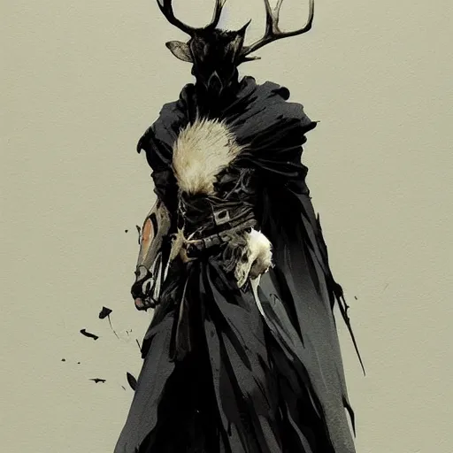 Image similar to portrait of a character wearing a black cloak, with a white mask in the shape of a deer skull, no antlers, dramatic lighting, illustration by Greg rutkowski, yoji shinkawa, 4k, digital art, concept art, trending on artstation