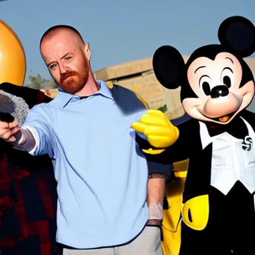 Image similar to walter white and jesse pinkman doing a selfie with mickey mouse, realistic