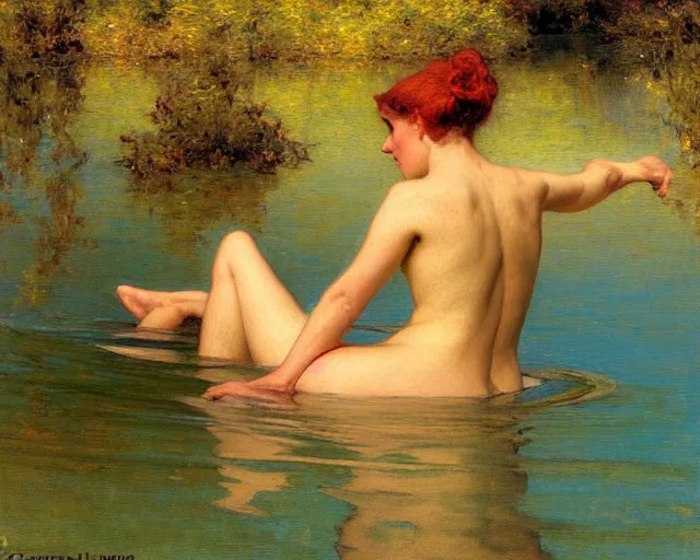 Prompt: woman swimming in the lake, painting by gaston bussiere, craig mullins, j. c. leyendecker