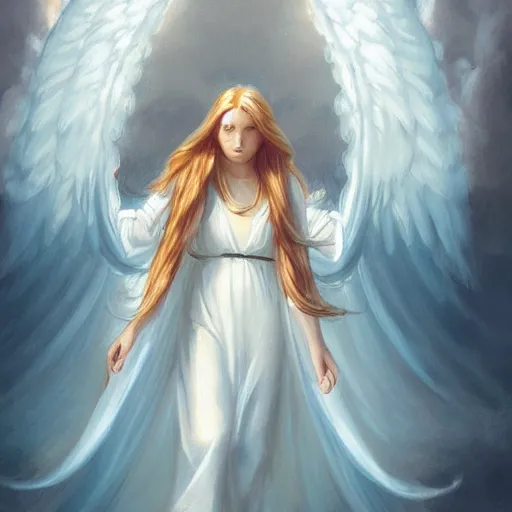 Prompt: hip gen z girl with long blond hair in heaven as an angel, andreas rocha