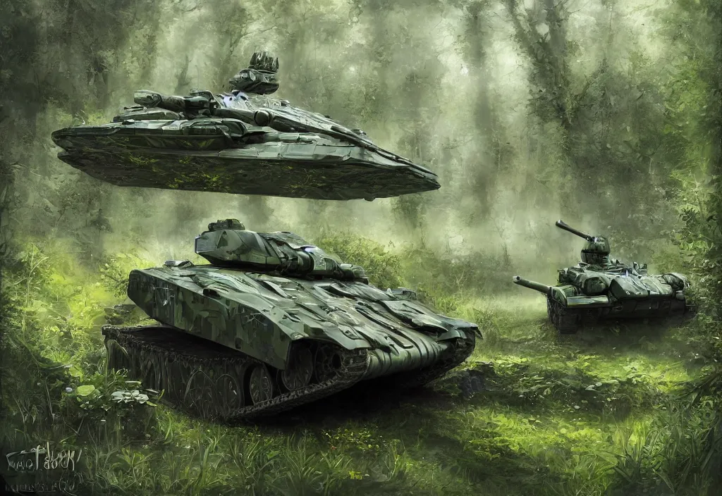 Prompt: shiny futuristic military tank in a very fertile green forest environment with flowers and fantastic animals, fantasy art, scifi art, airbrush