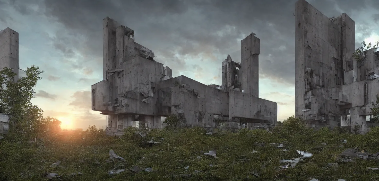 Image similar to an extremely detailed cathedral of brutalist architecture by Le Corbusier, surrounded by lush green vegetation, stunning volumetric lighting, sunset, rusted metal, concrete, translucent material, stunning skies, scattered rubbish and debris, 8k, photorealistic, hyper detailed, unreal engine 5, IMAX quality, cinematic, epic lighting, digital painting in the style of DOOM and Quake, by Greg Rutkowski, trending on Artstation