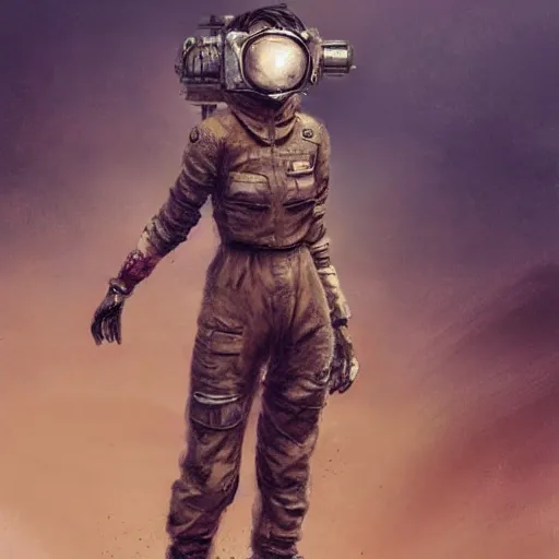 Image similar to tattooed dirty stoic butch heroic emotionless blonde woman engineer in tattered dirty flight suit, very short messy hair, victorian goggles, back pose, crossing primitive hostile alien desert, clouds of red dust, highly detailed, digital painting, artstation, concept art, matte, sharp focus, illustration, art by moebius and artgerm and greg rutkowski