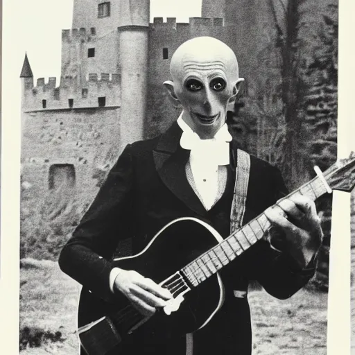 Prompt: vintage photograph of count orlok outside his castle, playing the blues on guitar, castle in the background, 4 k