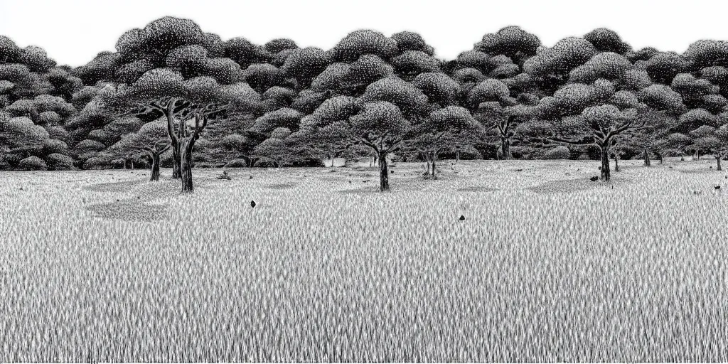 Prompt: a peaceful meadow, black and white manga panel, makoto yukimura, naoki urasawa fantasy