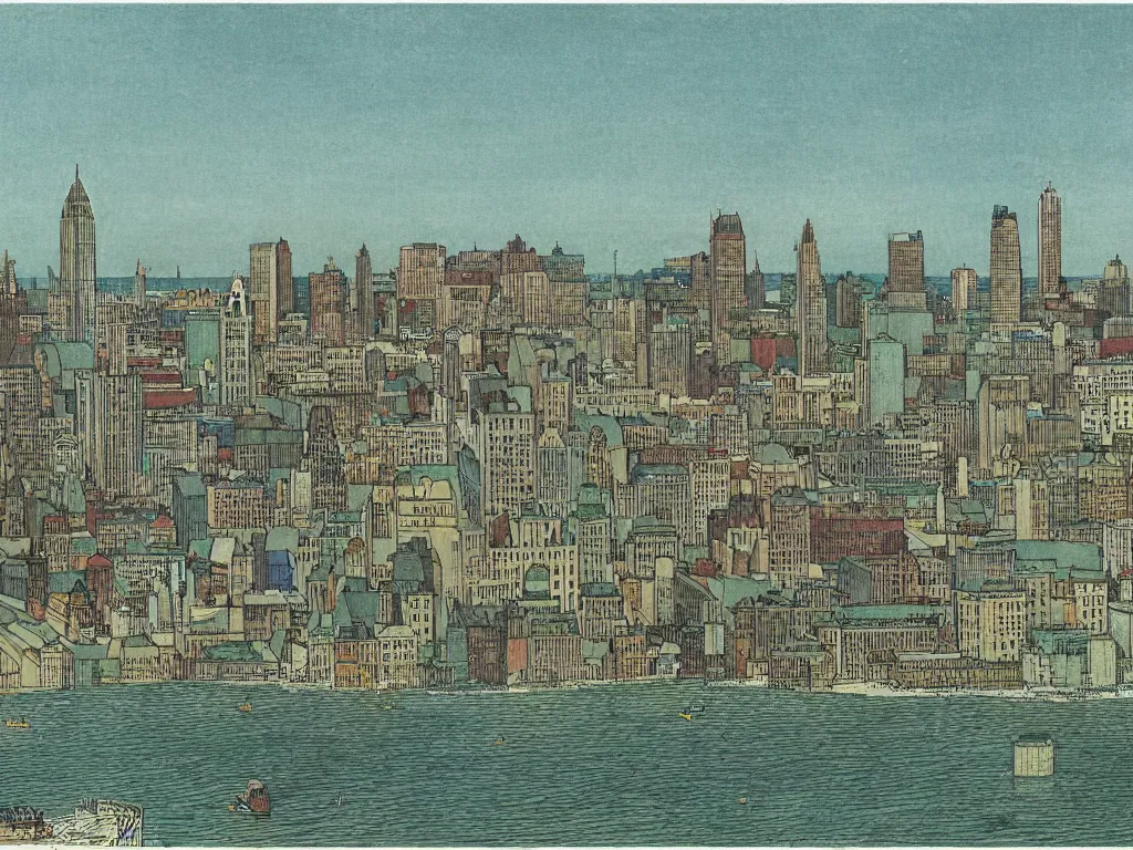 Image similar to highly detailed illustration of the milwaukee skyline, city of milwaukee, photo taken from the lake, by edmund dulac and android jones