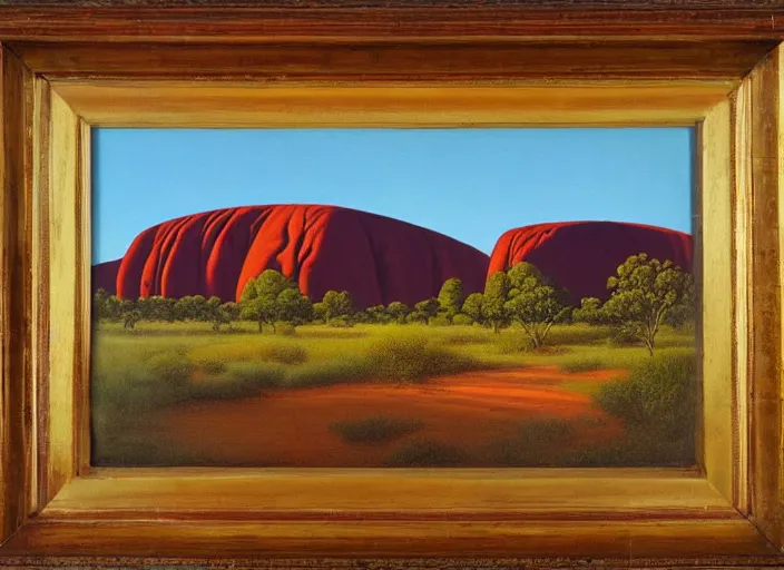 Image similar to uluru, australia in the style of hudson river school of art, oil on canvas