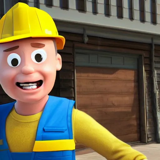 Image similar to bob the builder as a real life human person super realistic, shot from cinematic, hyper detailed, ultra realistic 4k trending on artstation