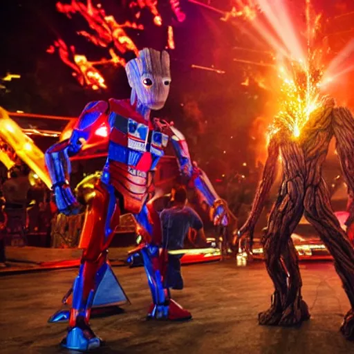 Image similar to groot and optimus prime dancing at techno party among people, wide shoot, after effect, ultra realistic