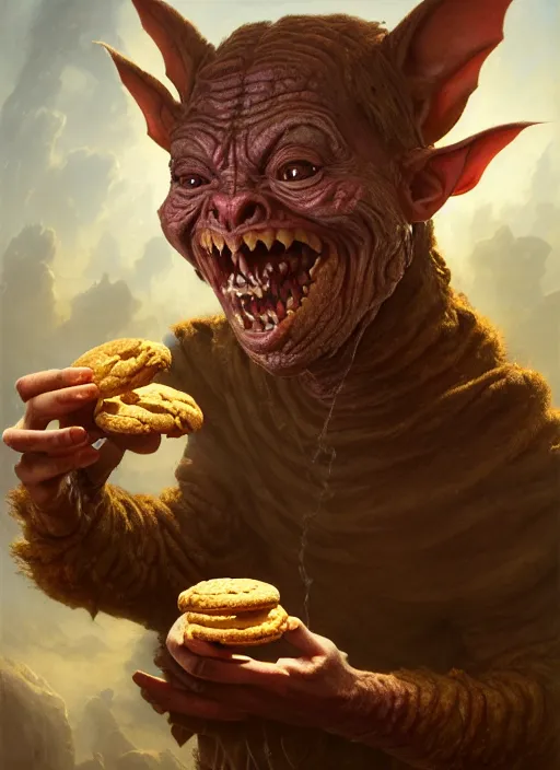 Image similar to highly detailed closeup portrait of a medieval goblin eating cookies, stephen bliss, unreal engine, greg rutkowski, ilya kuvshinov, ross draws, hyung tae and frank frazetta, tom bagshaw, tom whalen, nicoletta ceccoli, mark ryden, earl norem, global illumination, god rays, detailed and intricate environment