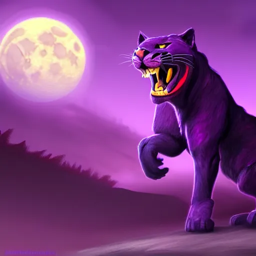 Image similar to concept art of a large purple panther at night roaring at the moon. digital drawing, illustration, 4 k, highly detailed, matte painting, artstation, artistic