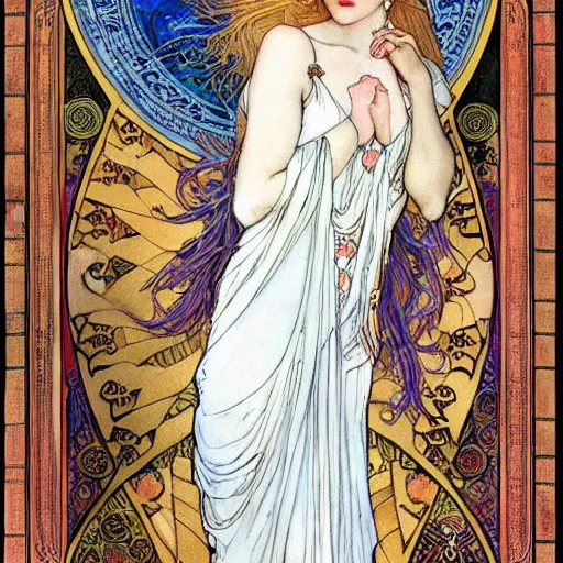 Prompt: beautiful ishtar goddess in long flowy dress, porcelain skin by rebecca guay and mucha