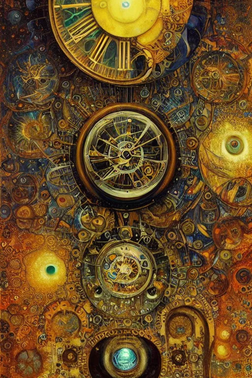 Prompt: The Tomorrow Machine by Karol Bak, Jean Deville, Gustav Klimt, and Vincent Van Gogh, otherworldly, fractal structures, arcane, clockface, spiral clock, inferno, inscribed runes, ornate gilded medieval icon, third eye, spirals