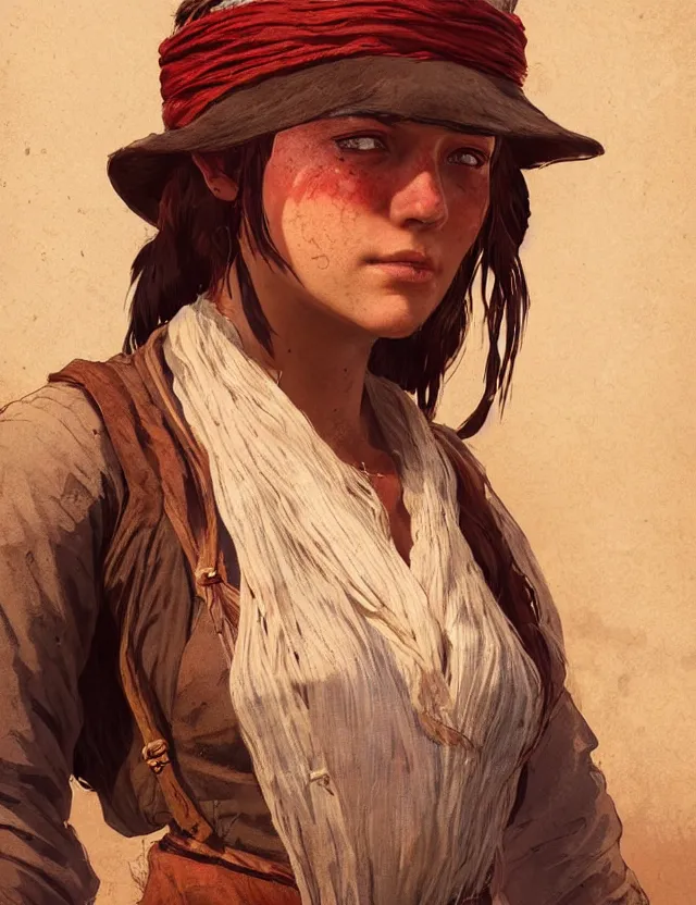 Image similar to close face portrait of a beautiful young female merchant red dead redemption 2 concept art, art by ryo shiotani and greg rutkowski, intricate, beautiful, cute, cinematic lighting, vintage art by serge ivanoff, high resolution, very detailed