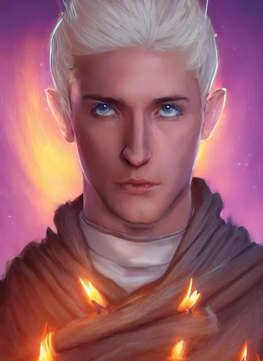 Image similar to male priest blonde parted hair healer, dndbeyond, bright, colourful, realistic, dnd character portrait, full body, pathfinder, pinterest, art by ralph horsley, dnd, rpg, lotr game design fanart by concept art, behance hd, artstation, deviantart, global illumination radiating a glowing aura global illumination ray tracing hdr render in unreal engine 5