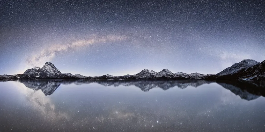 Image similar to Galactic arch, snowy mountains and lakes, in the style of National Geographic magazine, astronomical photography