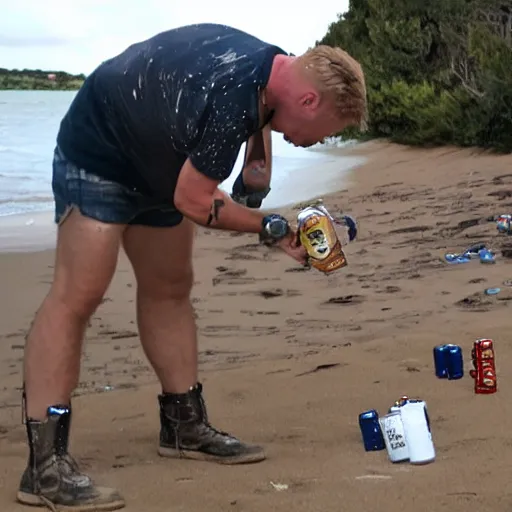 Image similar to thor smashing beer cans on an alien beach