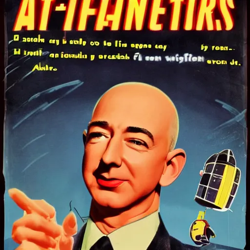 Image similar to 1 9 5 0 s sci - fi movie poster of jeff bezos being abducted by aliens