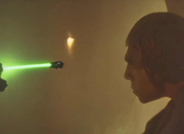Image similar to detailed protrait photo of Luke skywalker using his lightsaber to light up a dark hazy cave and discover the ancient jedi texts. screenshot from the 1985 film, Photographed with Leica Summilux-M 24 mm lens, ISO 100, f/8, Portra 400