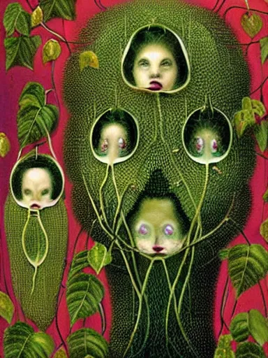 Prompt: The Hanging-Gardens of Pareidolia, ivy, (((((string-of-pearls))))), verbena and pothos growing facial features and optical-illusions!!!!!, aesthetic, by Johfra Bosschart in the style of Gerald Brom,