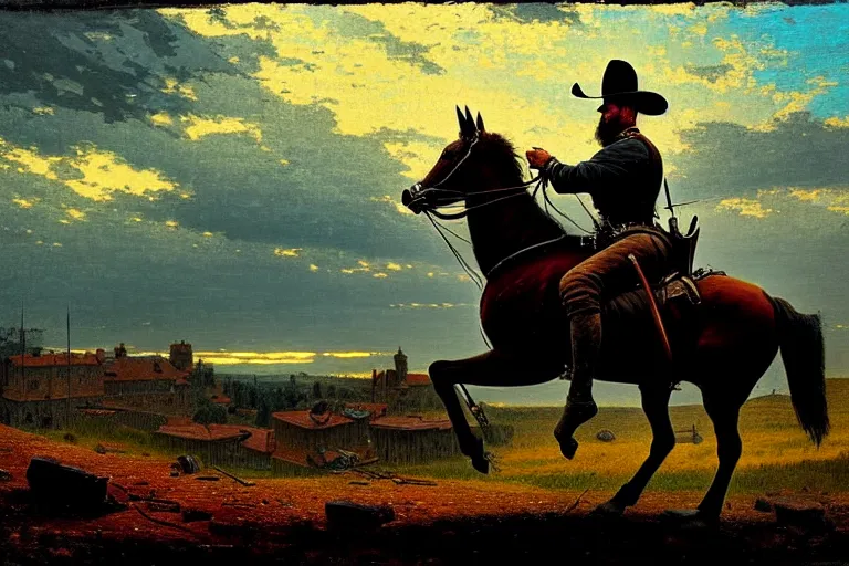 Image similar to an extremely detailed masterpiece photograph of a 1 8 9 0's gunslinger on his horse overlooking an old town, in the style of frederic remington, epic scene, extremely moody lighting, cinematic, 8 k