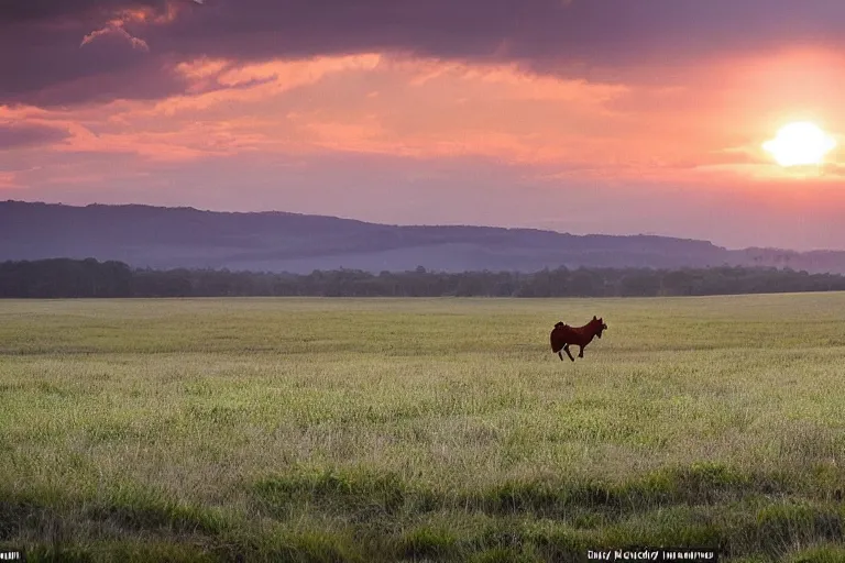 Image similar to a beautiful photograph of a chicken riding a horse through a vast serene landscape, rivers and fields run through the landscape and the sun rises over the hilltops